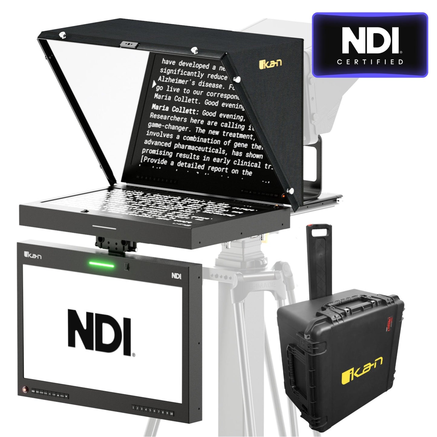 Ikan Aura™ 19″ POE++ NDI Teleprompter & NDI Talent Monitor w/ Full NDI Encoding/Decoding & IP Tally Light + Travel Kit