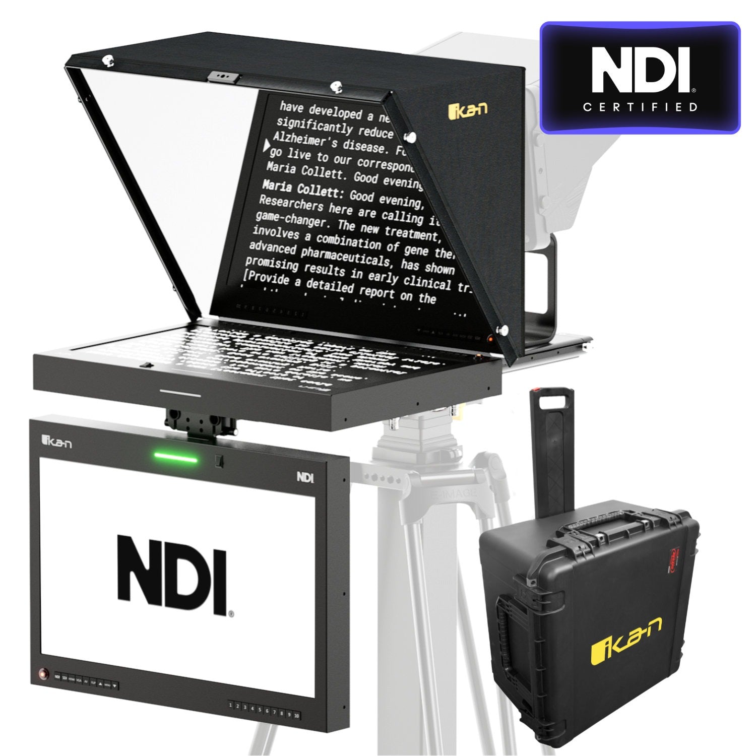 Ikan Aura™ 19″ POE++ NDI Teleprompter & NDI Talent Monitor w/ Full NDI Encoding/Decoding & IP Tally Light + Travel Kit
