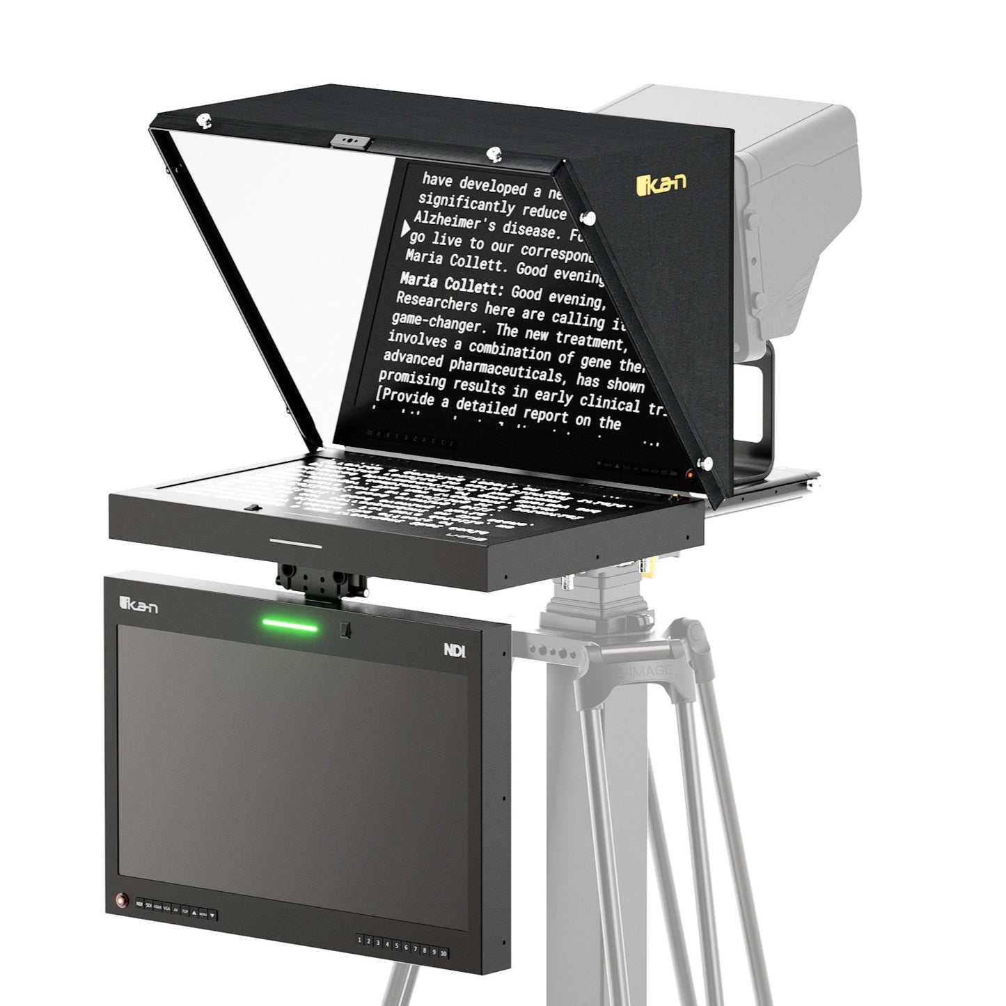 Ikan Aura™ 19″ POE++ NDI Teleprompter & NDI Talent Monitor w/ Full NDI Encoding/Decoding & IP Tally Light + Travel Kit