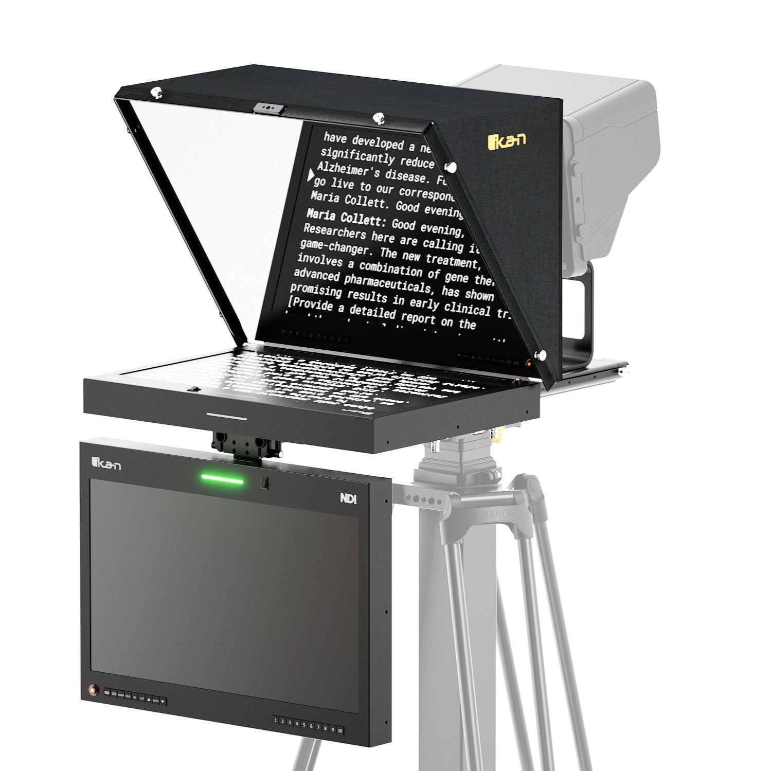 Ikan Aura™ 19″ POE++ NDI Teleprompter & NDI Talent Monitor w/ Full NDI Encoding/Decoding & IP Tally Light + Travel Kit