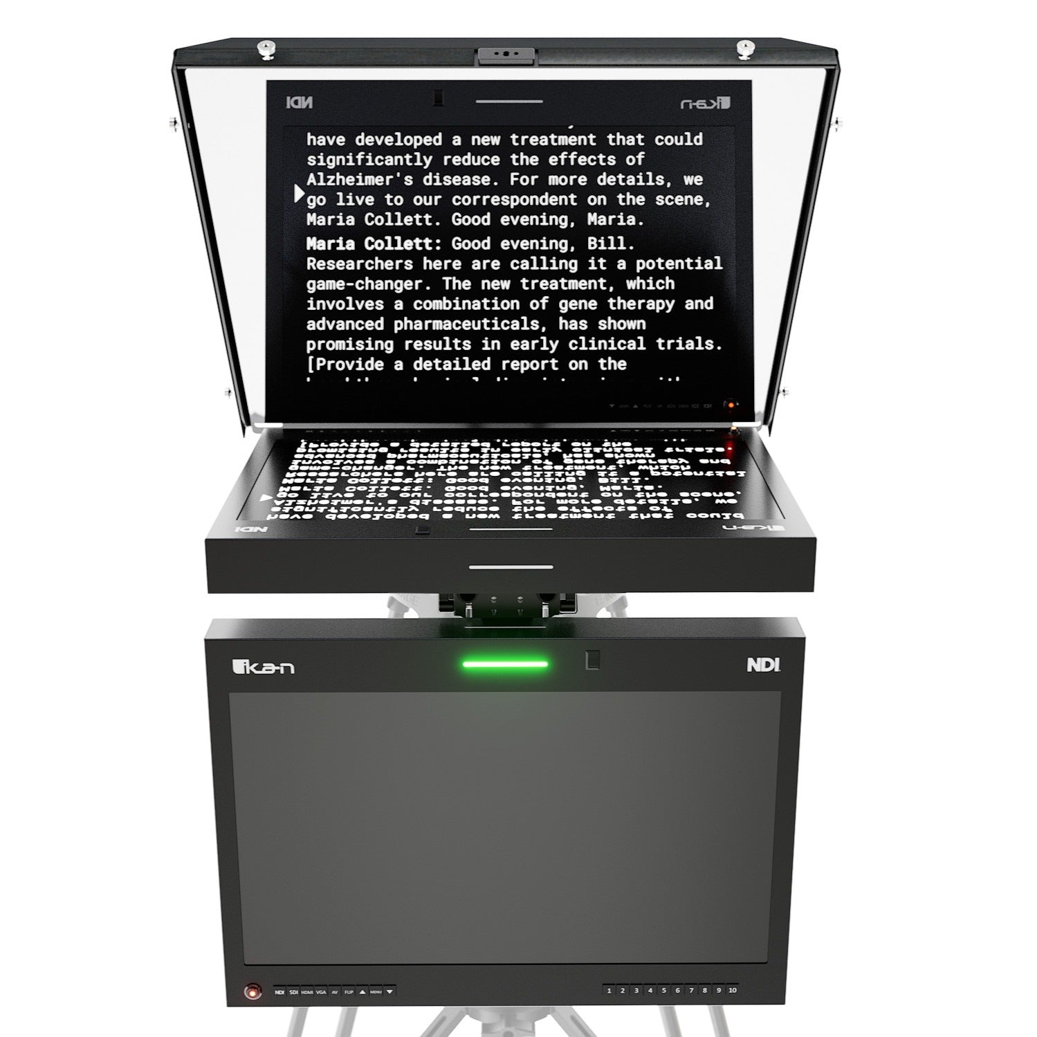 Ikan Aura™ 19″ POE++ NDI Teleprompter & NDI Talent Monitor w/ Full NDI Encoding/Decoding & IP Tally Light + Travel Kit