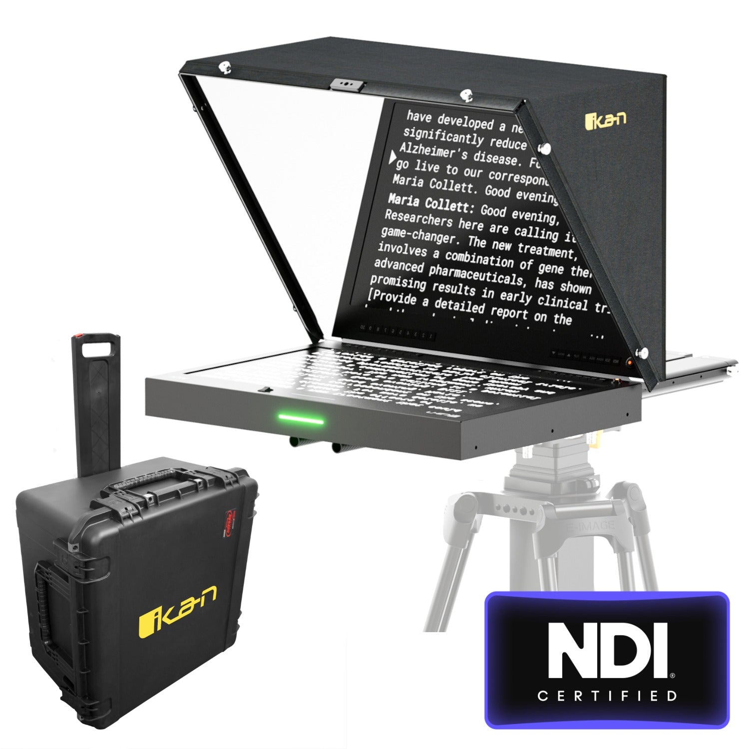 Ikan Aura™ 19″ POE++ Teleprompter w/ Full NDI Encoding/Decoding & IP Tally Light + Travel Kit