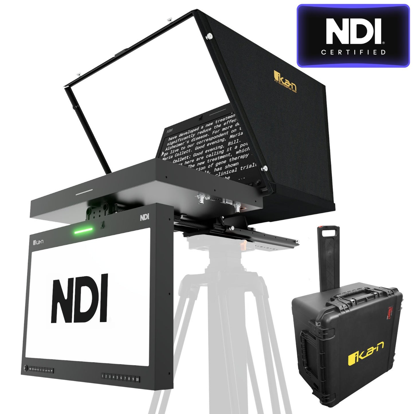 Ikan Aura™ 19″ PTZ POE++ NDI Teleprompter & NDI Talent Monitor w/ Full NDI Encoding/Decoding & IP Tally Light + Travel Kit