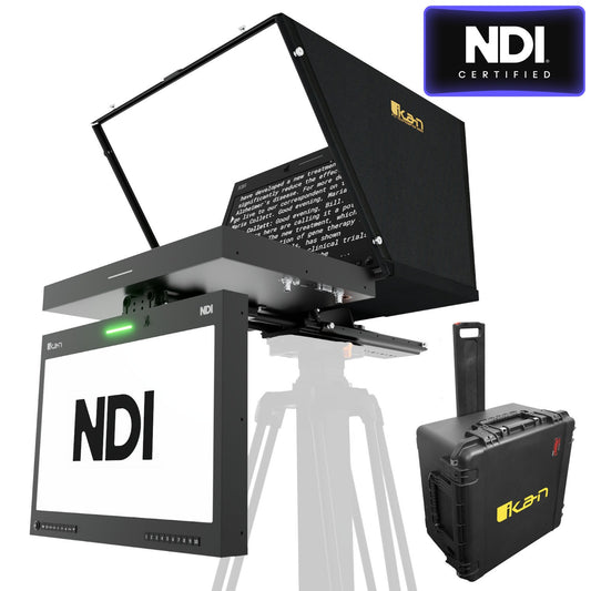 Ikan Aura™ 19″ PTZ POE++ NDI Teleprompter & NDI Talent Monitor w/ Full NDI Encoding/Decoding & IP Tally Light + Travel Kit