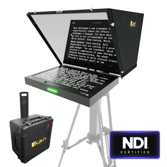 Ikan Aura™ 19″ PTZ POE++ NDI Teleprompter w/ Full NDI Encoding/Decoding, IP Tally Light + Travel Kit