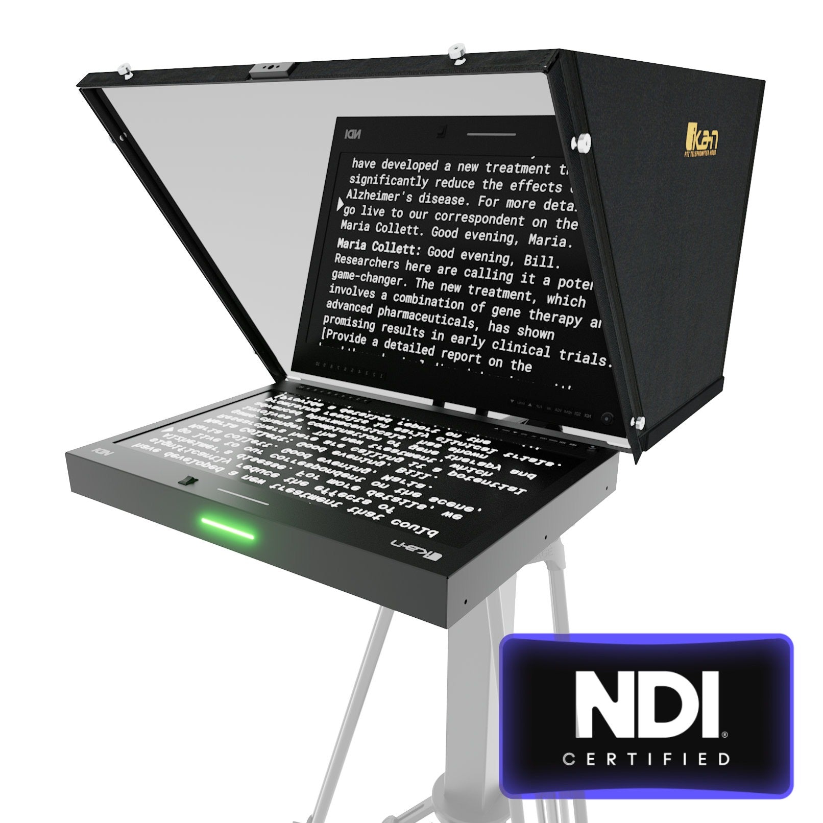 Ikan Aura™ 19″ PTZ POE++ NDI Teleprompter w/ Full NDI Encoding/Decoding, IP Tally Light + Travel Kit