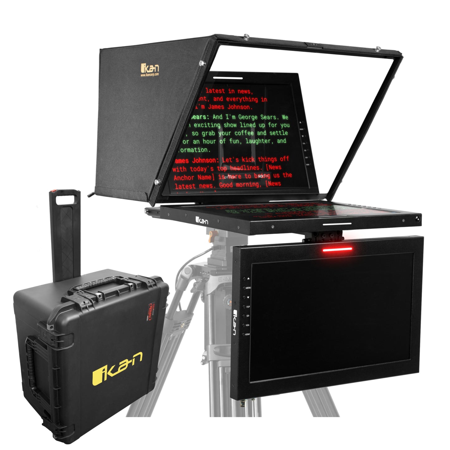 Ikan Professional 19 in. High Bright PTZ Teleprompter w/ Widescreen Tally SDI Monitor, Talent Monitor & Travel Kit