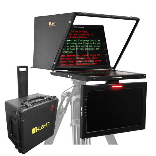Ikan Professional 19 in. High Bright PTZ Teleprompter w/ Widescreen Tally SDI Monitor, Talent Monitor & Travel Kit