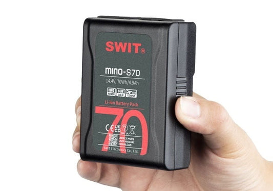 SWIT Mino-S70 | USB-C, tiny size with 70Wh pocket mini battery, USB-A/USB-C/D-tap, V-Mount, also ideal for long term use or high power draw lights