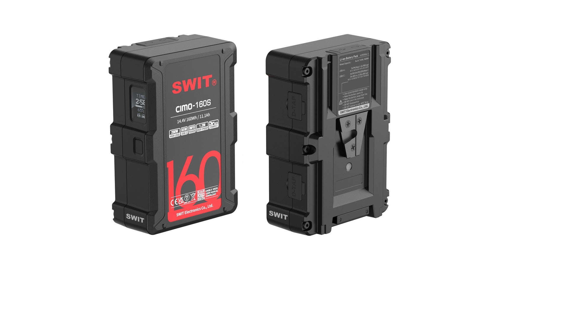 SWIT CIMO-160S | 160Wh 200W High Load V-Mount Battery with USB-C, OLED and powerful 2xD-taps, also ideal for long term use or high power draw lights