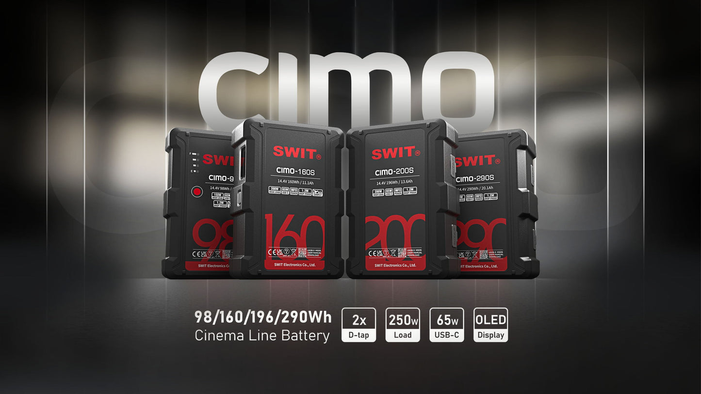 SWIT CIMO-290S | 290Wh 250W High Load V-Mount Battery with USB-C, OLED and powerful 2xD-taps, also ideal for long term use or high power draw lights