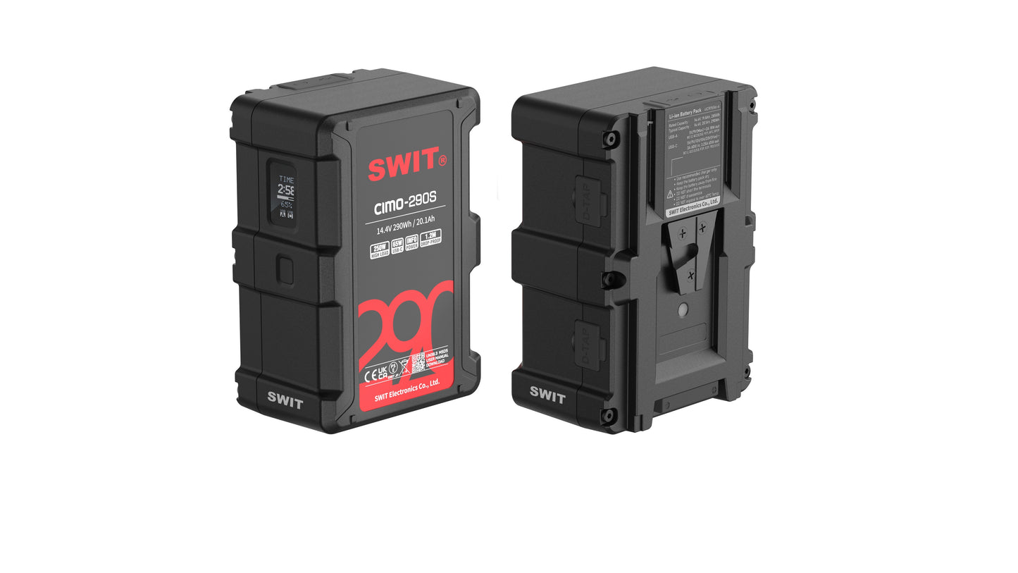 SWIT CIMO-290S | 290Wh 250W High Load V-Mount Battery with USB-C, OLED and powerful 2xD-taps, also ideal for long term use or high power draw lights