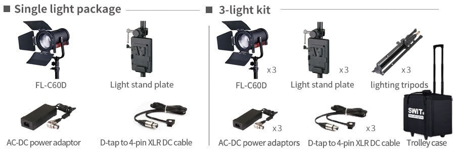 SWIT FL-C60D 3KIT | Set of 3 x 60W LED Spotlight, 25000lux, V-Mount, DMX