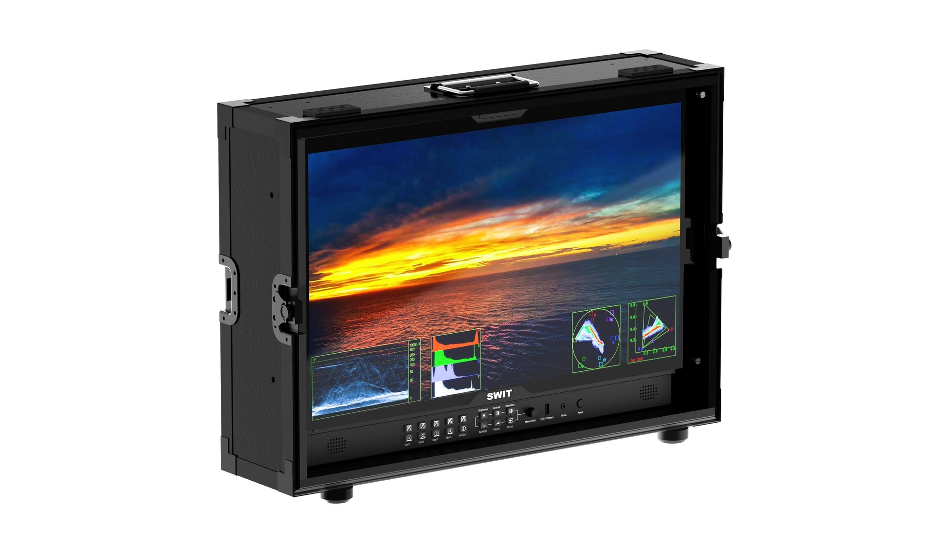 SWIT FM-U245HDR | 24" professional High-bright UHD Field Monitor with flight case and VESA-tripod adaptor and 4x12G-SDI 8K HDR Zero-Delay AI-Calibration