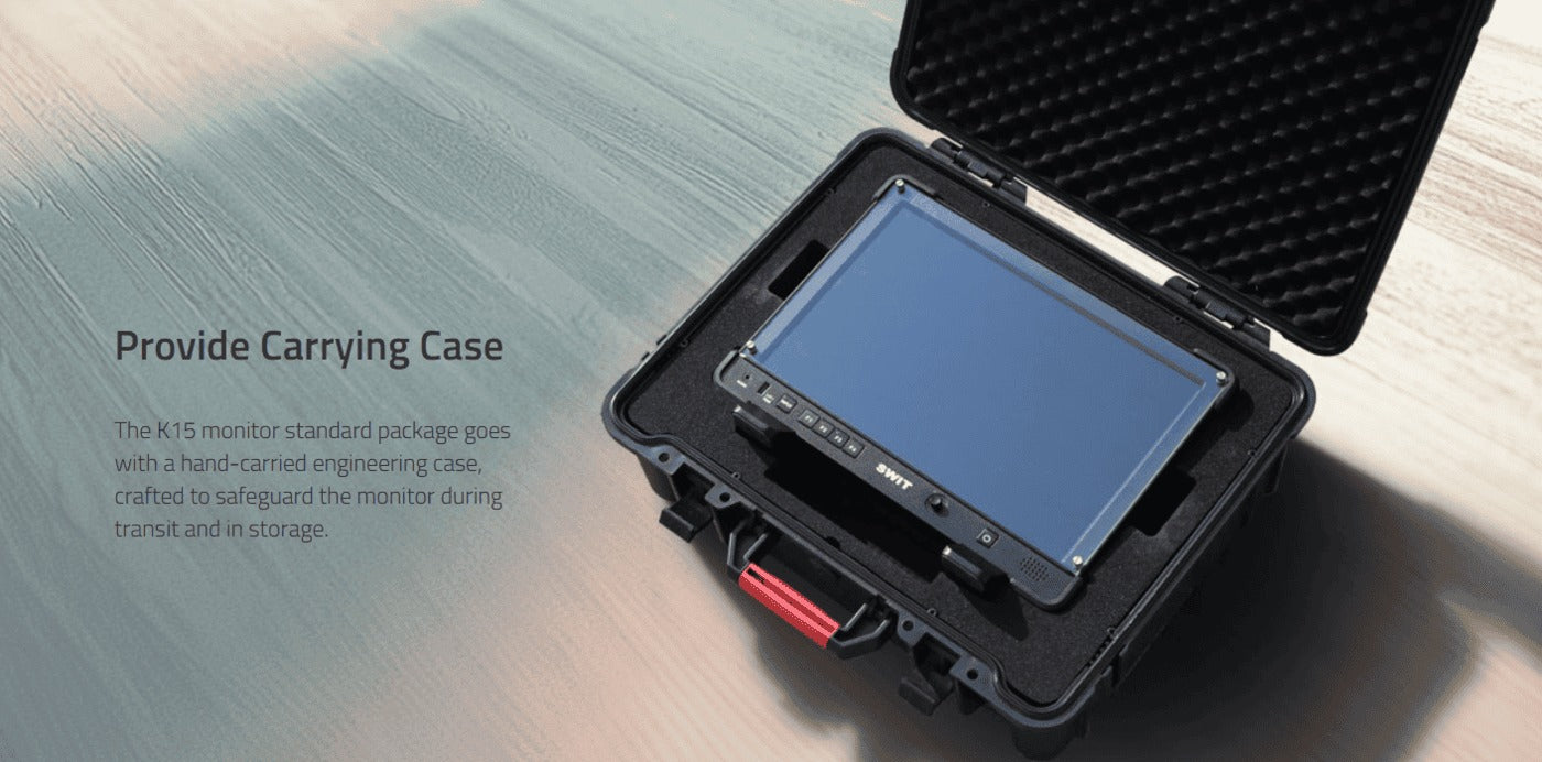 SWIT K15 (in Carrying Case) | 15.4" professional High-bright HDR FHD Field Monitor with Carrying Case, Tripod Adaptor,Sun hood, V-mount