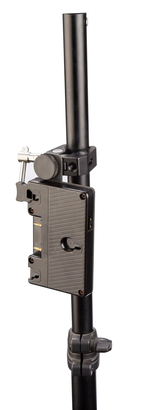 SWIT S-7200A | Gold-mount battery plate with clamp for tripod mount, and D-tap socket.