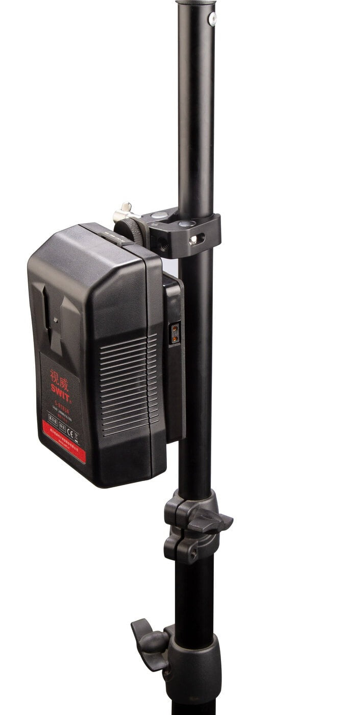 SWIT S-7200A | Gold-mount battery plate with clamp for tripod mount, and D-tap socket.