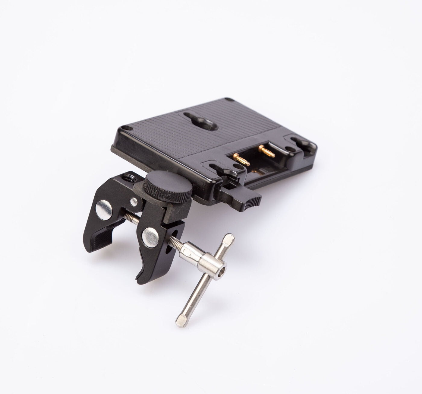 SWIT S-7200A | Gold-mount battery plate with clamp for tripod mount, and D-tap socket.