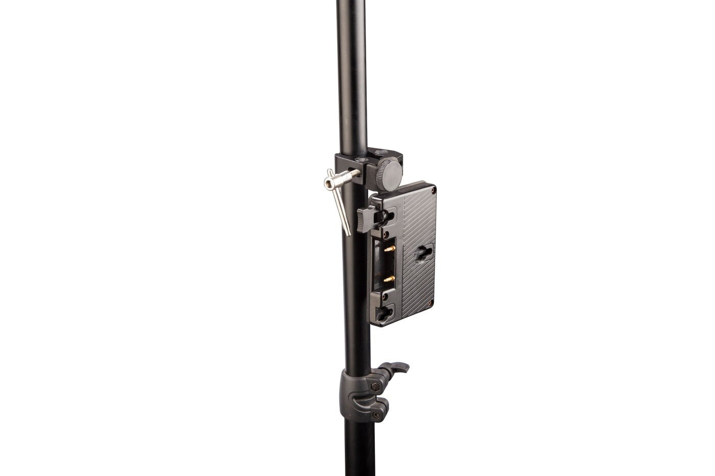 SWIT S-7200A | Gold-mount battery plate with clamp for tripod mount, and D-tap socket.