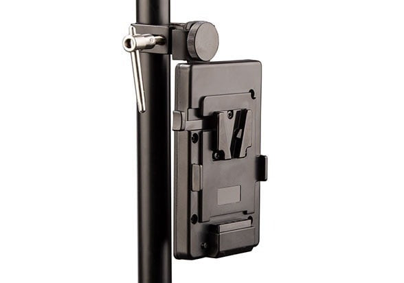SWIT S-7200S | V-mount battery plate with clamp for tripod mount, and D-tap socket.