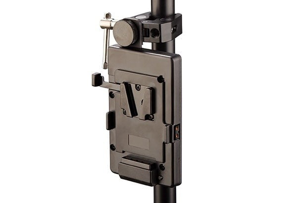 SWIT S-7200S | V-mount battery plate with clamp for tripod mount, and D-tap socket.