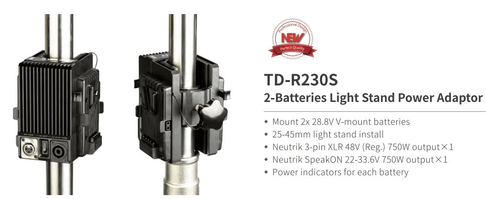 SWIT TD-R230S | 750W Super High load 48V/24V Flexible Stand-mounted Adaptor for dual batterieS, V-mount