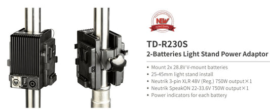 SWIT TD-R230S | 750W Super High load 48V/24V Flexible Stand-mounted Adaptor for dual batterieS, V-mount
