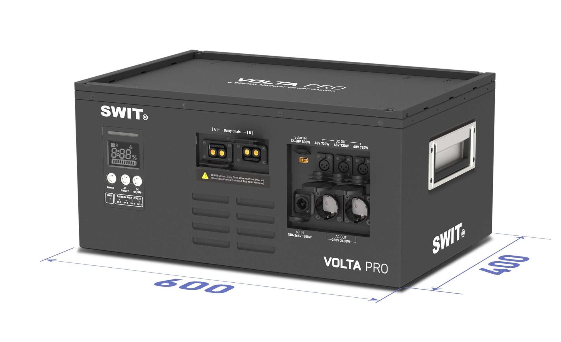 SWIT VOLTA PRO | 9KWh IP54 max2400W@AC+800W@DC Professional Robust Cascadable Hot-swappable Modular Battery with 2xAC+3xDC@48V, fast AC/Solar charging