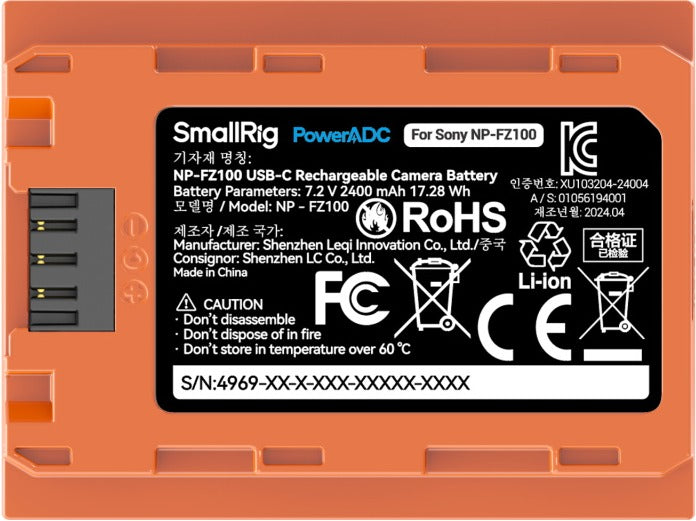 SmallRig 4969 NP-FZ100 USB-C Rechargeable Camera Battery Orange