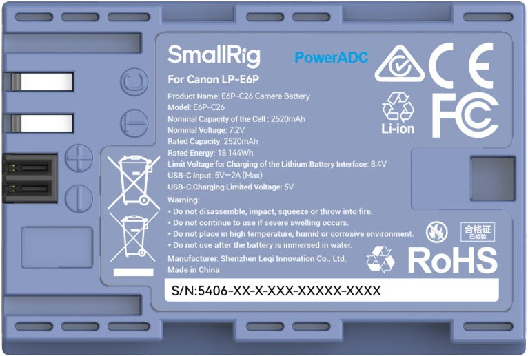 SmallRig 5406 Camera Battery USB-C Rechargable Canon LP-E6P