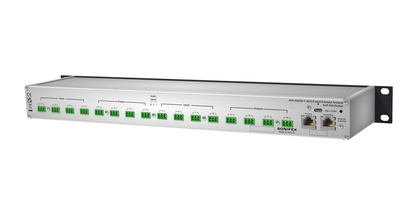 Sonifex AVN-AESIO8-T-DNT | 8 AES3 Input, 8 AES3 Output Dante® Interface with Terminal Block Connectivity